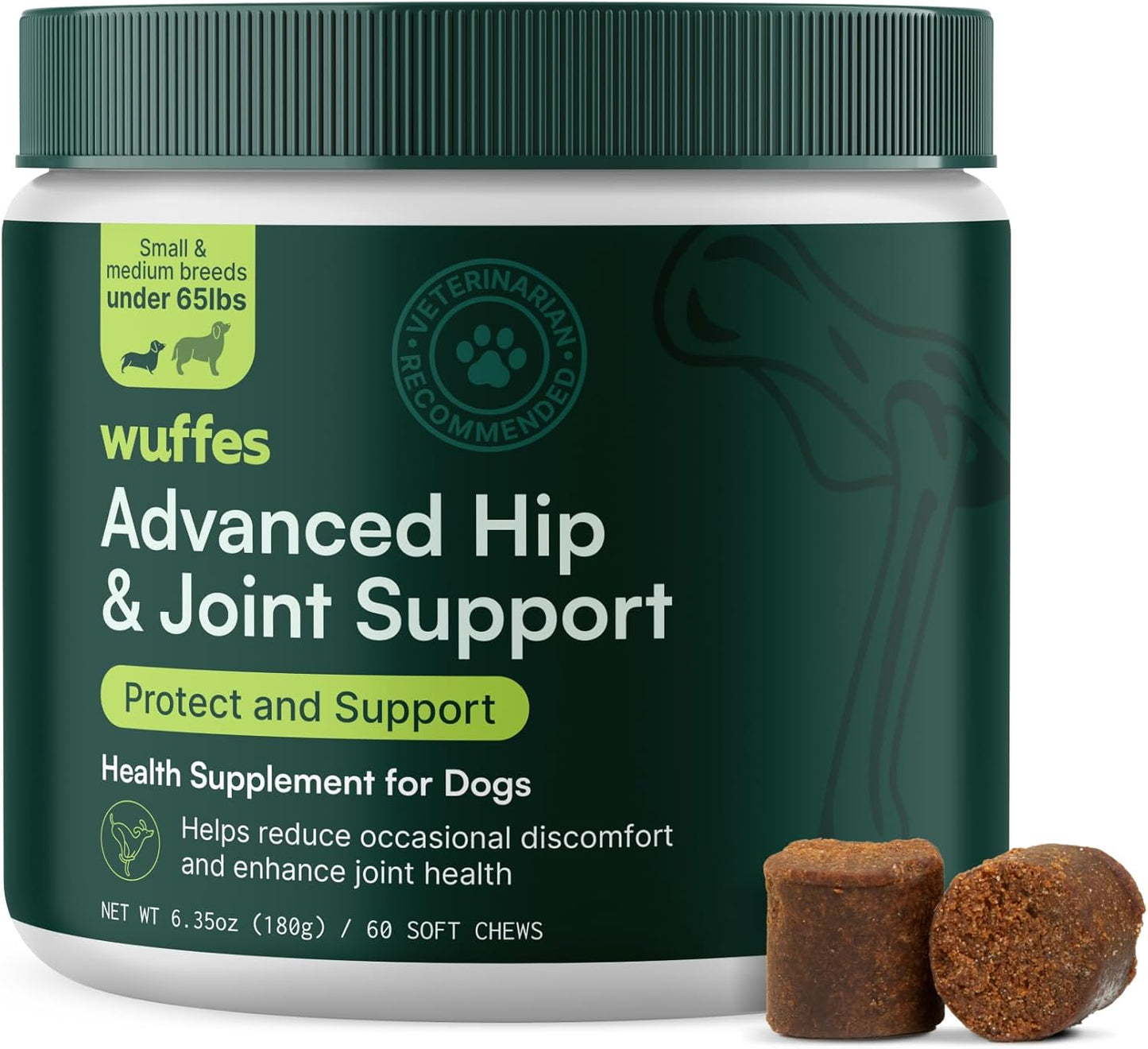 Wuffes Advanced Dog Hip and Joint Supplement with Glucosamine, Chondroitin, Omega 3, MSM, and Green Lipped Mussel, 120 Pork Flavored Chews for Small and Medium Dog Breeds